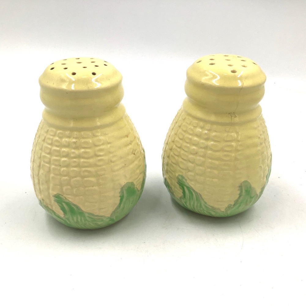 CORN ON THE COB Ceramic Salt and Pepper Shakers Japan Yellow Green Vintage